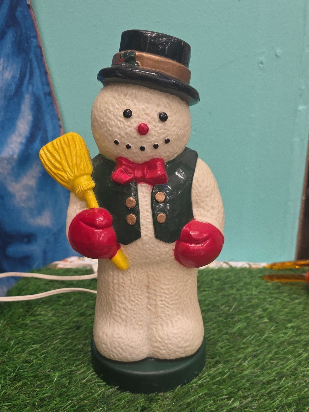Vintage Snowman Light Up Blow Mold with Red Mittens and Yellow Broom